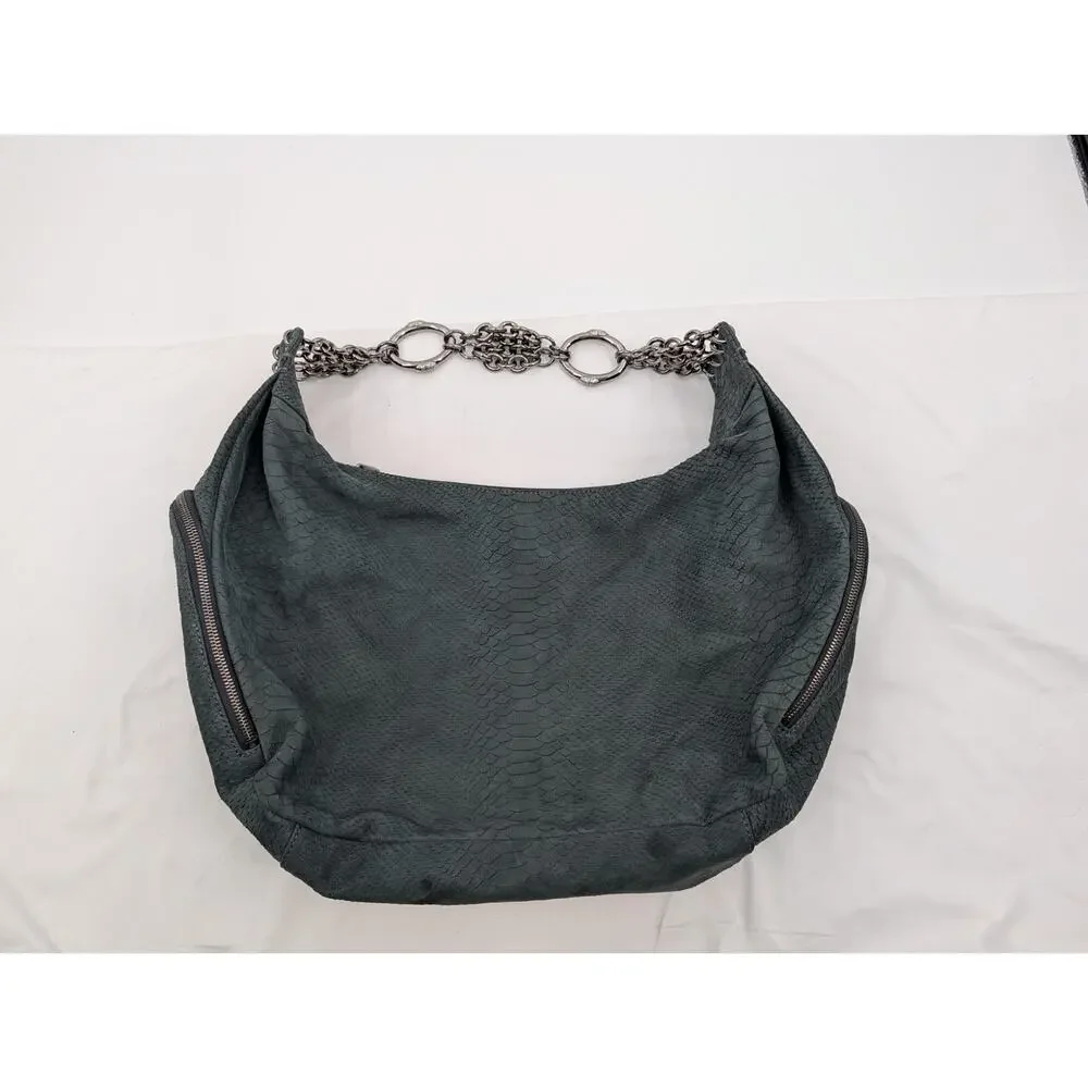 Henri Bendel Green Suede Leather Hobo Chain Strap Shoulder Bag Purple Interior